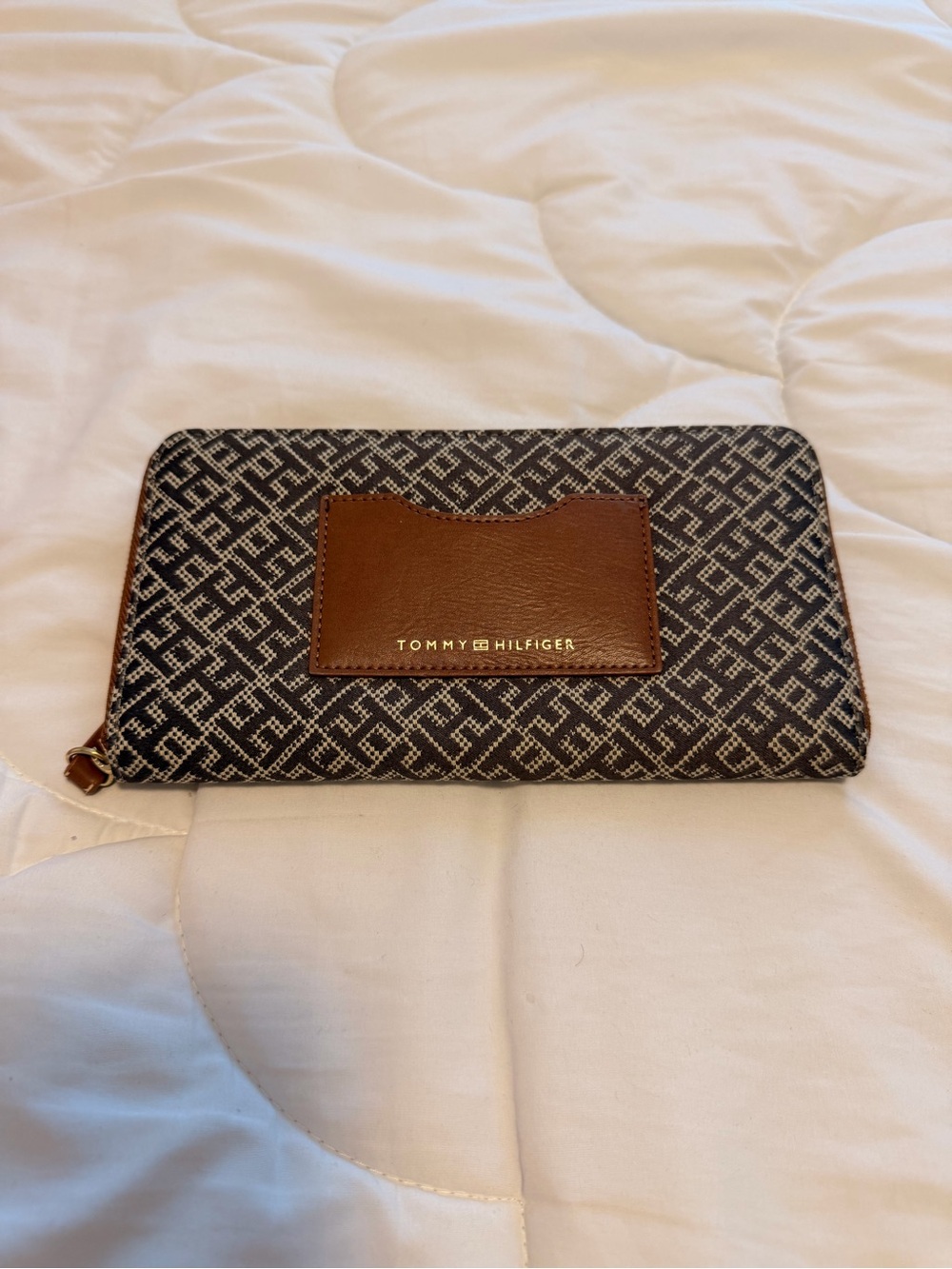 Tommy Hilfiger Navy Monogram Zip Wallet with Brown Leather Pocket
